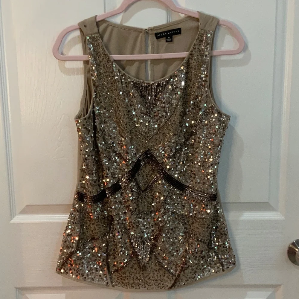 AIDAN MATTOX SEQUIN BEADED FORMAL WEDDING NUDE TANK SIZE M - Picture 10 of 10